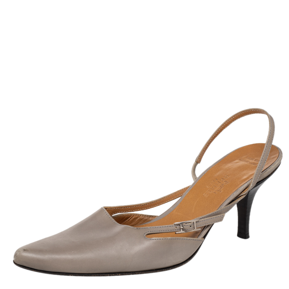 luxury-women-hermes-used-shoes-p475827-008-1.jpg Hermes Grey Leather Pointed Toe Silngback Sandals Size 37.5