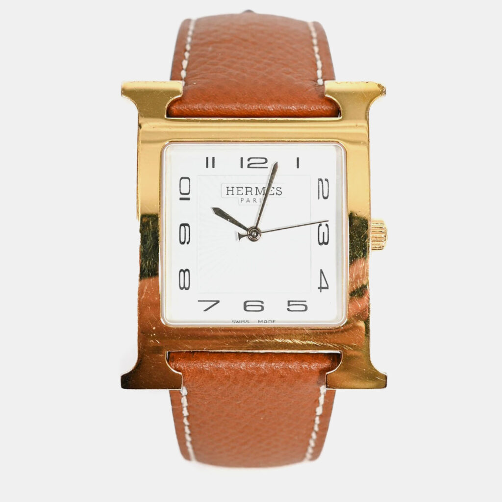 Hermes Gold Epsom Leather Medium 30mm 'Heure' Watch
