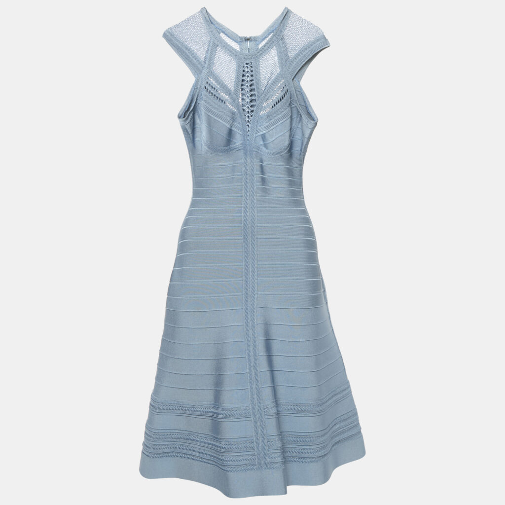 Herve Leger Blue Crochet Trim Knit Flared Short Dress M Herve Leger Blue Crochet Trim Knit Flared Short Dress M