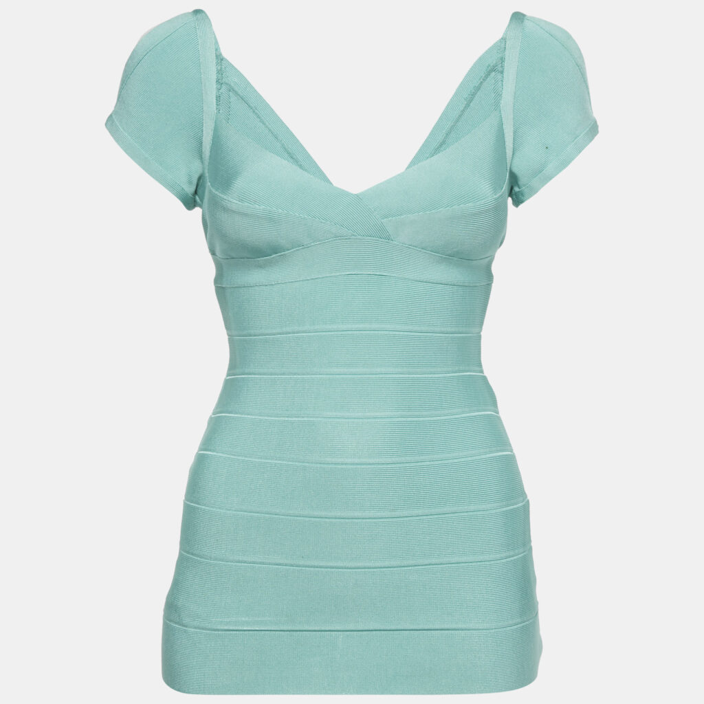Herve Leger Mint Blue Knit Cold Shoulder Bandage Top S Herve Leger Mint Blue Knit Cold Shoulder Bandage Top S