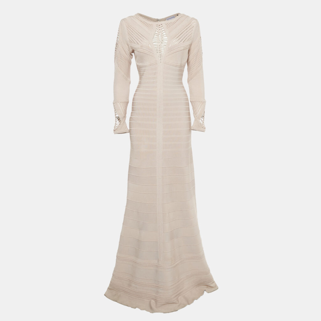 Herve Leger Light Pink Knit & Crochet Detail Gown M Herve Leger Light Pink Knit & Crochet Detail Gown M