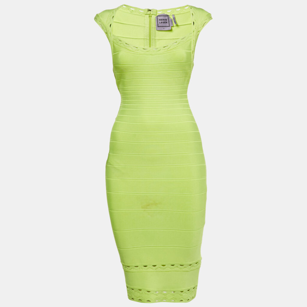 luxury-women-herve-leger-used-clothes-p1229928-007-1.jpg Herve Leger Neon Green Jersey Bandage Short Dress S