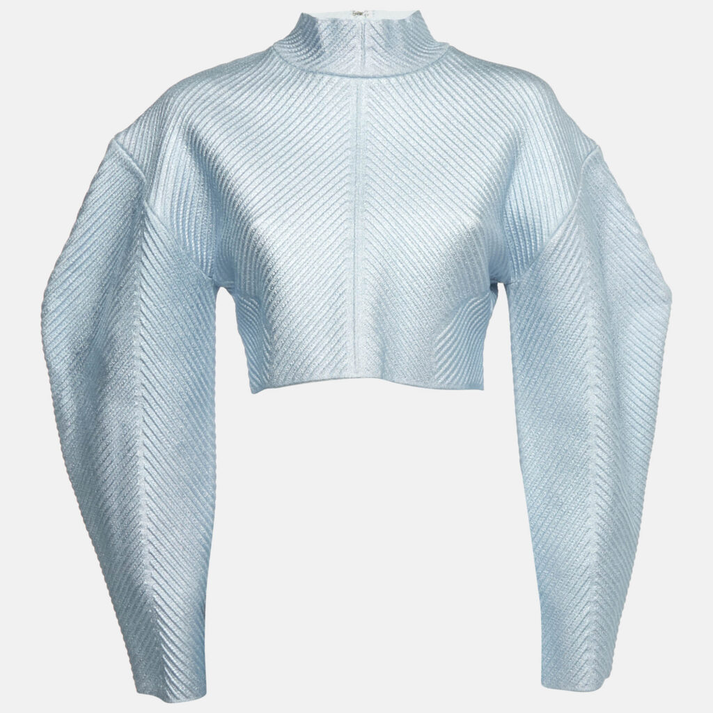 Herve Leger Blue Textured Lurex Knit Mock Neck Sweatshirt L Herve Leger Blue Textured Lurex Knit Mock Neck Sweatshirt L