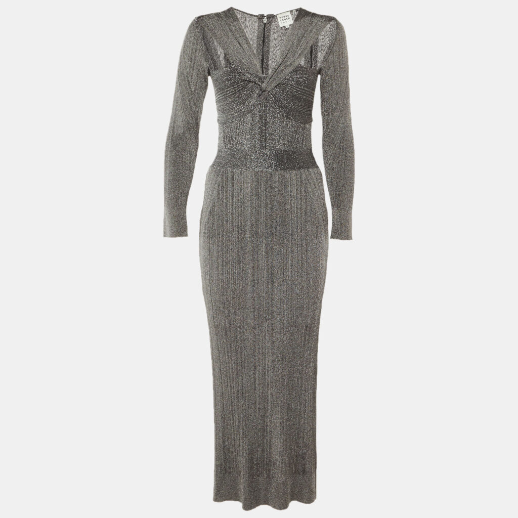 Herve Leger Grey Metallic Draped Long Sleeve Gown S Herve Leger Grey Metallic Draped Long Sleeve Gown S