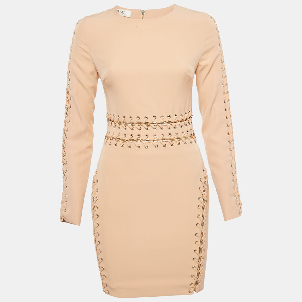 House of Cb Beige Crepe Lace-Up Sheath Dress S House of Cb Beige Crepe Lace-Up Sheath Dress S