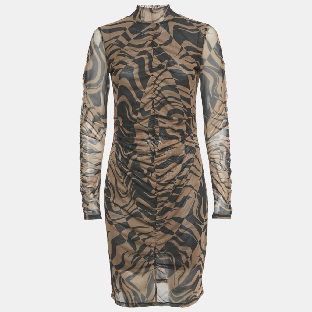 Hugo Boss Brown Printed Stretch Mesh Ruche Short Dress L Hugo Boss Brown Printed Stretch Mesh Ruche Short Dress L