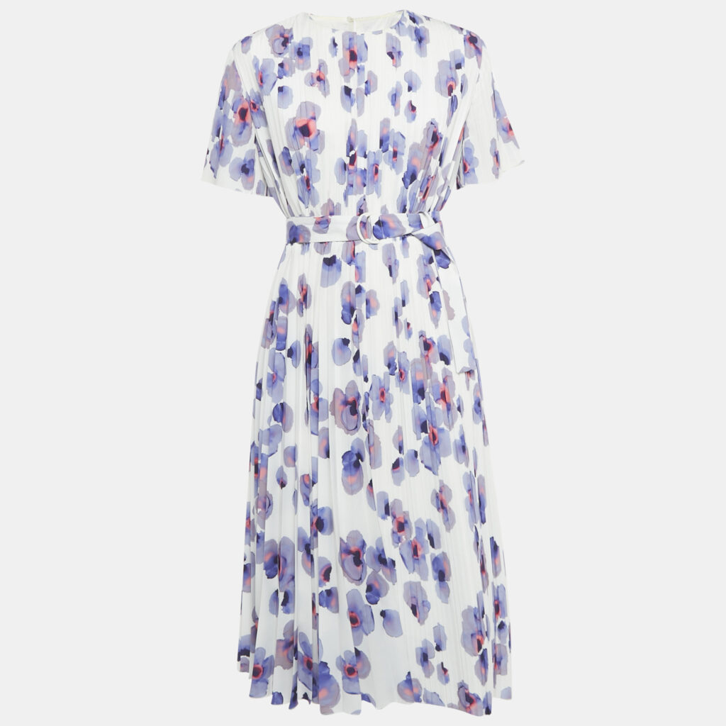 Boss By Hugo Boss White Floral Print Plisse Belted Midi Dress M Boss By Hugo Boss White Floral Print Plisse Belted Midi Dress M