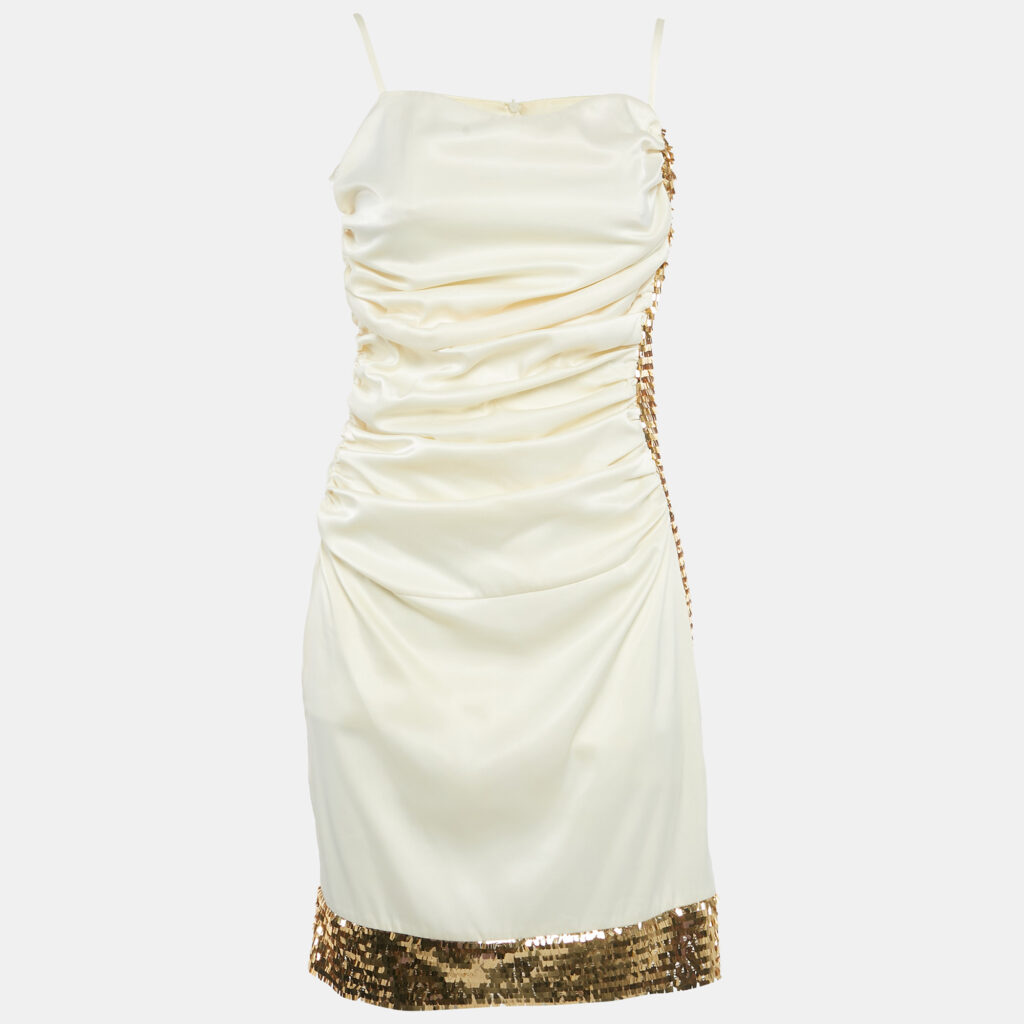 Invito Haute Couture Cream Satin Rushed Sequin Detail Mini Dress S