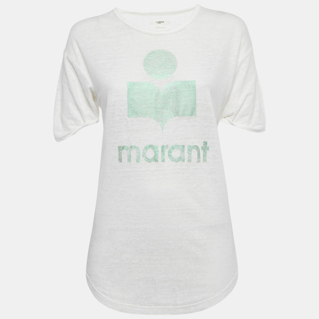 Isabel Marant Etoile White Foil Logo Print Linen Jersey Top S