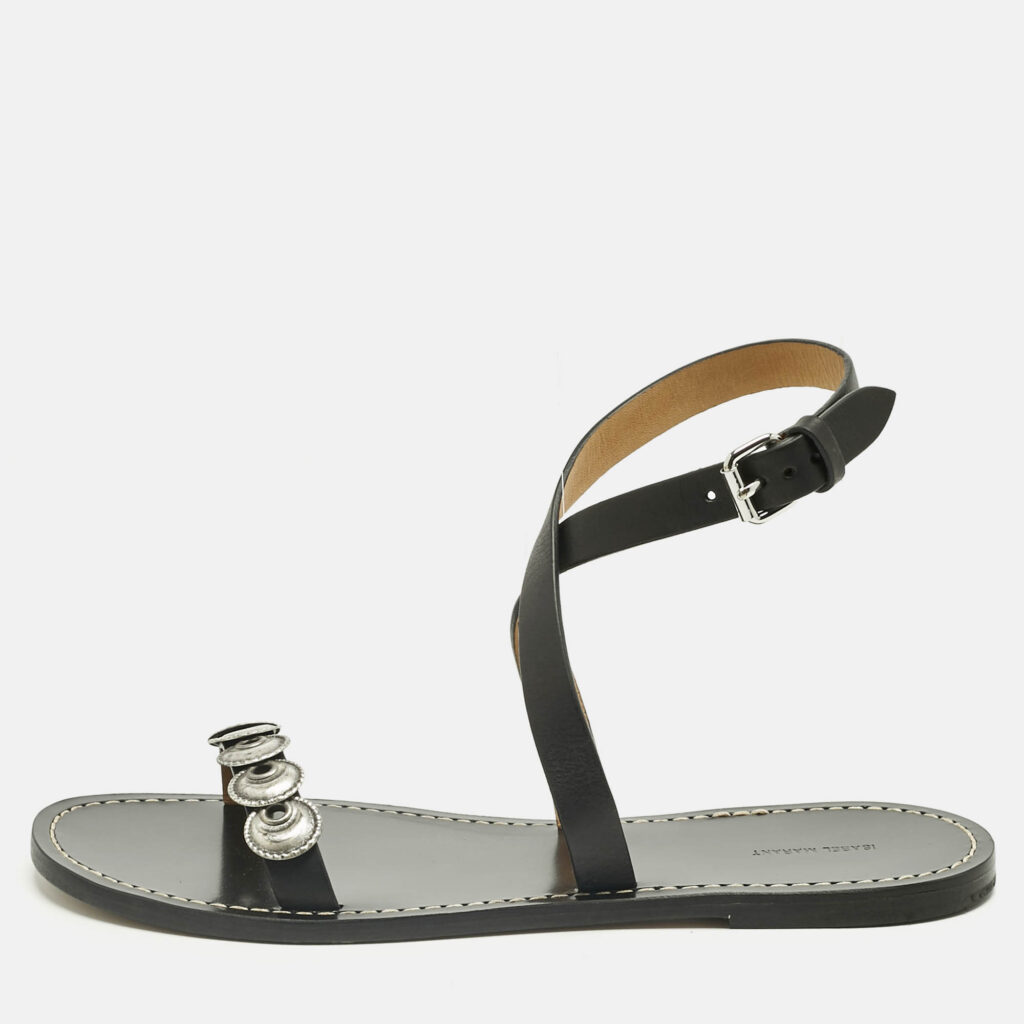 Isabel Marant Black Leather Eldory Ankle Strap Flat Sandals Size 41 Isabel Marant Black Leather Eldory Ankle Strap Flat Sandals Size 41