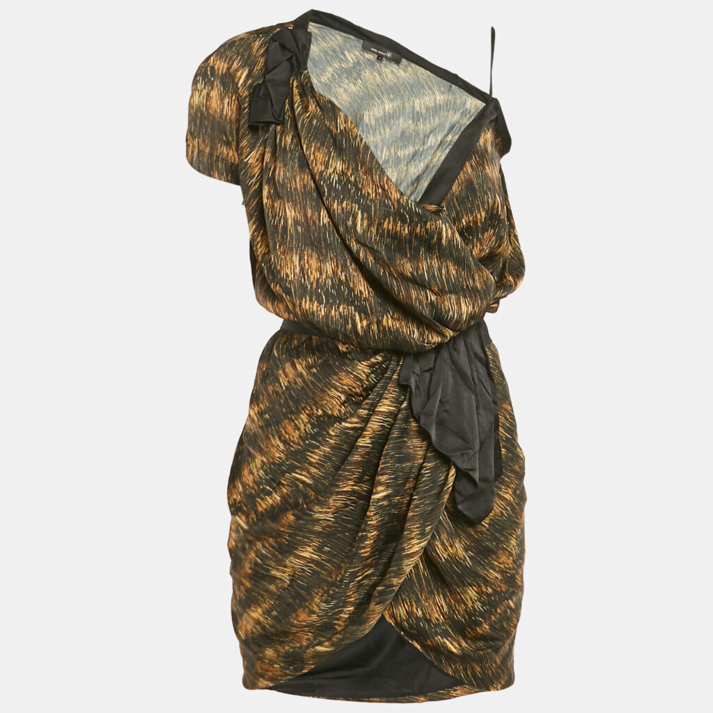 Isabel Marant Black Printed Satin Asymmetric Wrap Mini Dress XS Isabel Marant Black Printed Satin Asymmetric Wrap Mini Dress XS