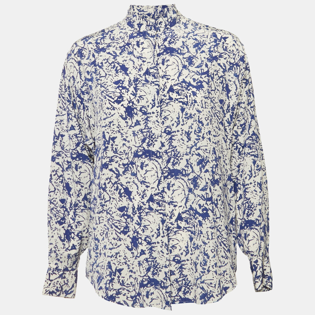 Isabel Marant White/Blue Printed Silk Button Front Cade Top S