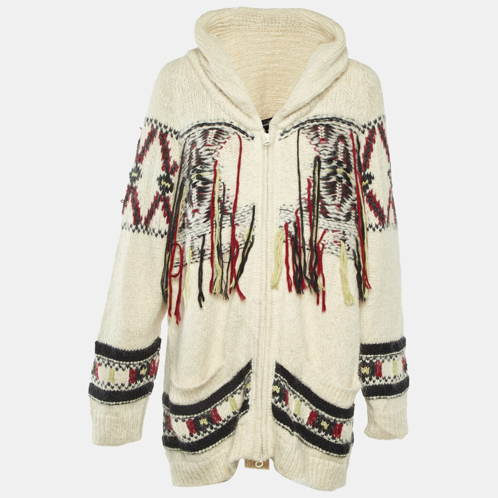 Isabel Marant Off White Intarsia Knit Fringed Zip-Up Yosemite Cardigan XS Isabel Marant Off White Intarsia Knit Fringed Zip-Up Yosemite Cardigan XS
