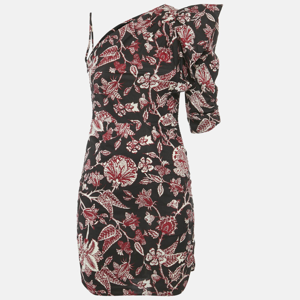 Isabel Marant Brown Floral Print Cotton One Shoulder Mini Dress S Isabel Marant Brown Floral Print Cotton One Shoulder Mini Dress S