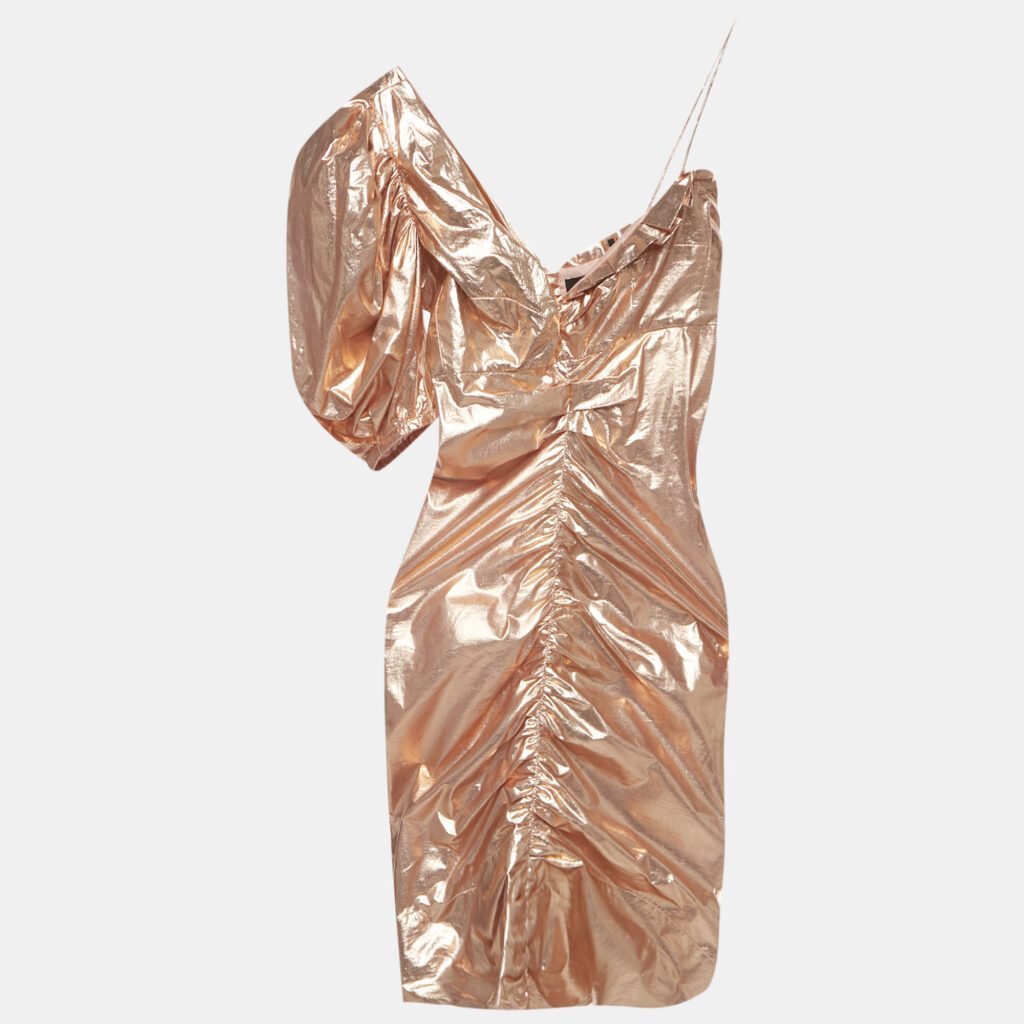 Isabel Marant Rose Gold Metallic Cotton One Shoulder Ruched Mini Dress S