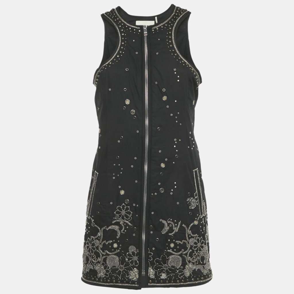 Isabel Marant Black Floral Embellished Cotton Zip Front Mini Dress M Isabel Marant Black Floral Embellished Cotton Zip Front Mini Dress M