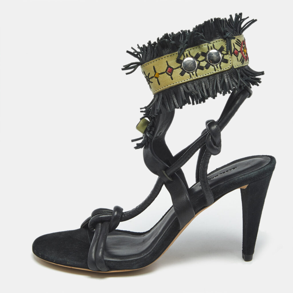 Isabel Marant Black Leather and Suede Fringe Detail Ankle Strap Sandals Size 36 Isabel Marant Black Leather and Suede Fringe Detail Ankle Strap Sandals Size 36