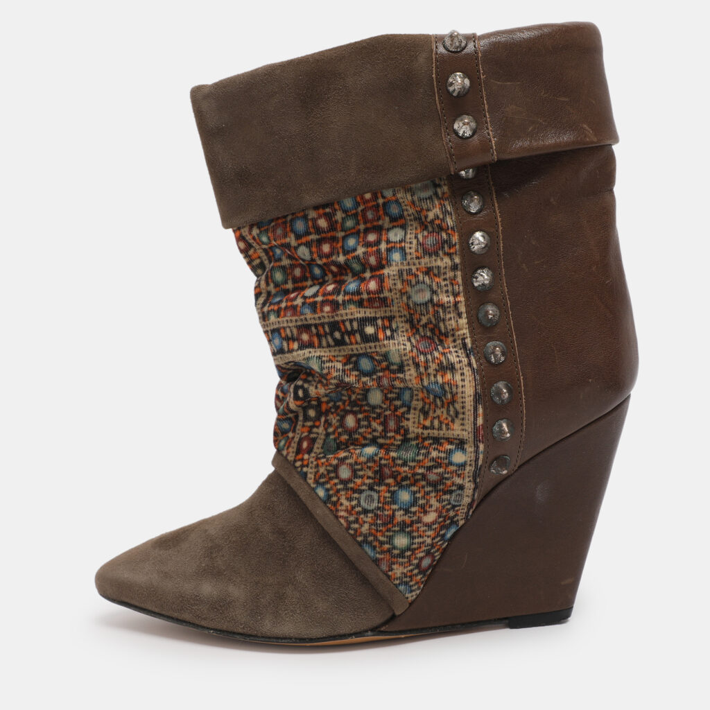 Isabel Marant Khaki/Multicolor Leather, Suede and Velvet Studded Mid Calf Wedge Boots Size 38