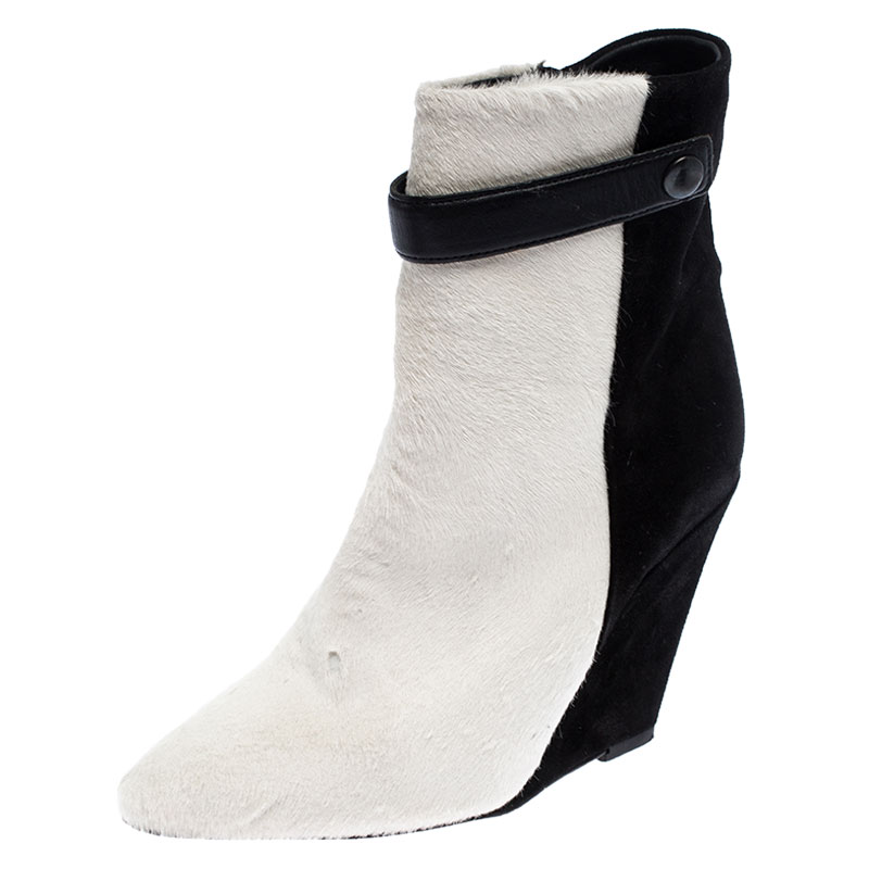 Isabel Marant Black/White Pony Hair and Suede Wedge Ankle Boots Size 38 Isabel Marant Black/White Pony Hair and Suede Wedge Ankle Boots Size 38
