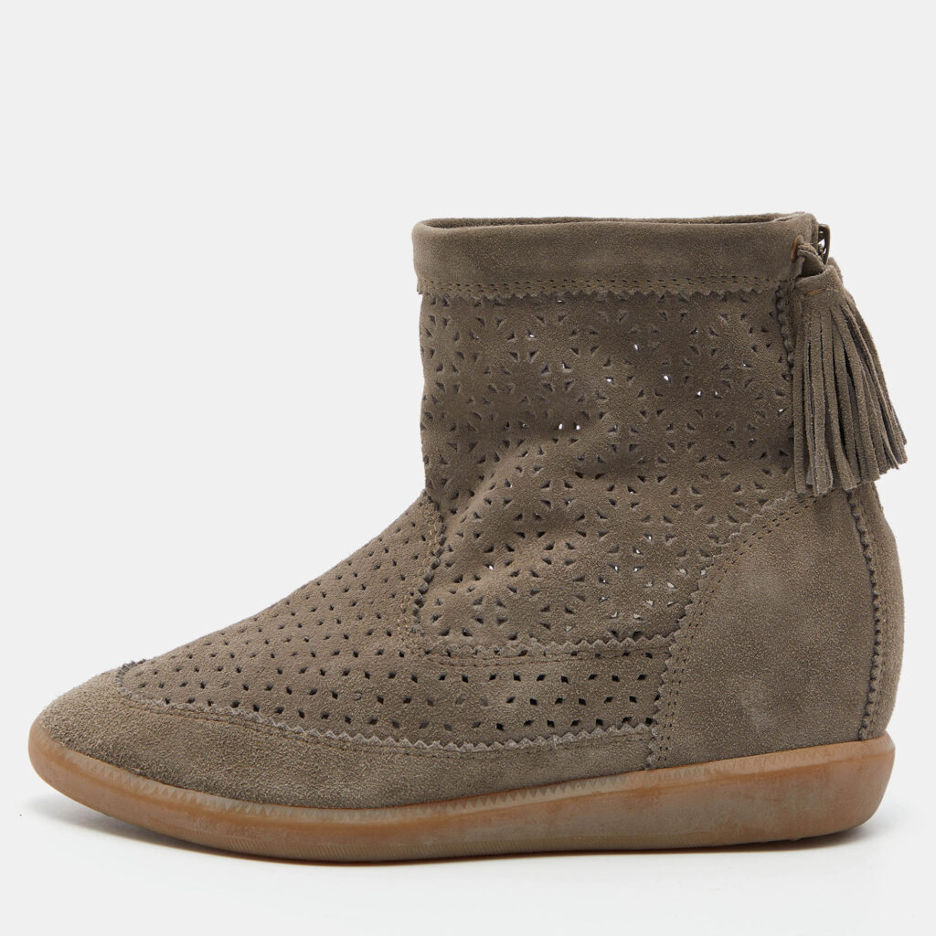 luxury-women-isabel-marant-used-shoes-p786784-010.jpg Isabel Marant Grey Cutout Suede Tassel Embellished "Beslay" Wedge Ankle Boots Size 38