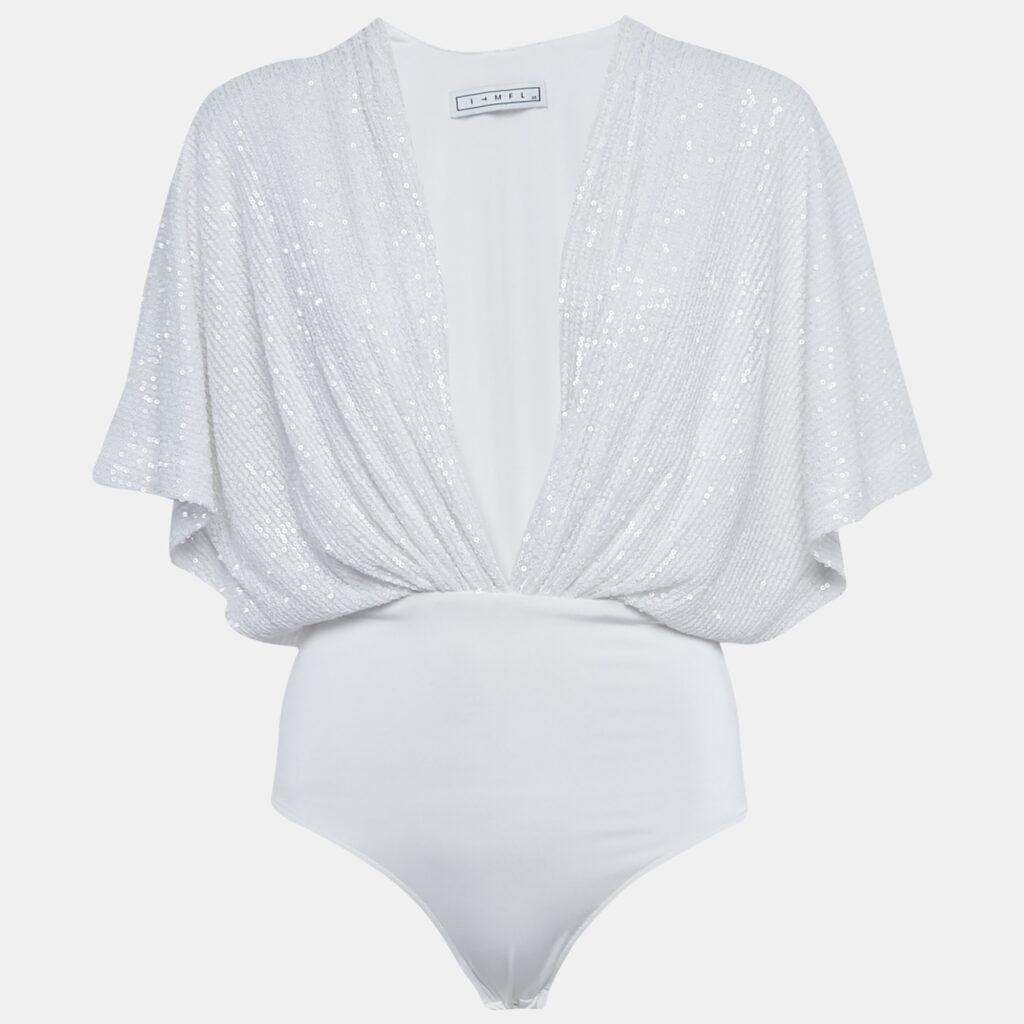ITMFL White Sequin Plunge Neck Bodysuit XS ITMFL White Sequin Plunge Neck Bodysuit XS