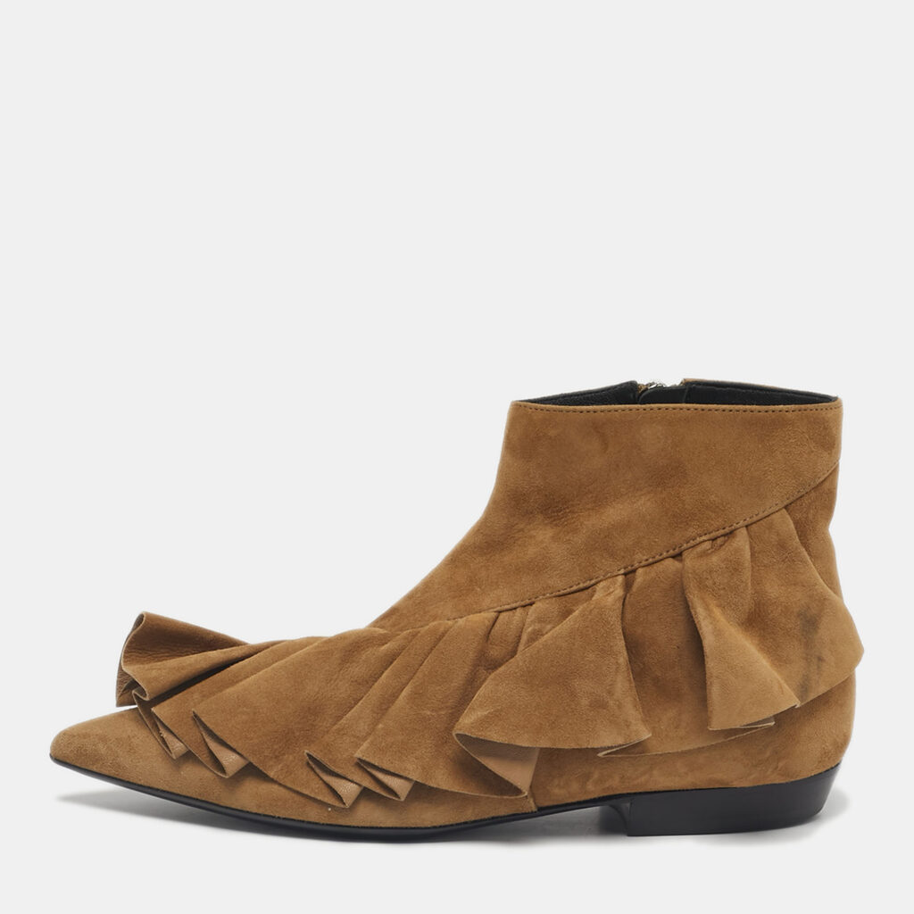 J.W. Anderson Brown Suede Ruffle Ankle Boots Size 36
