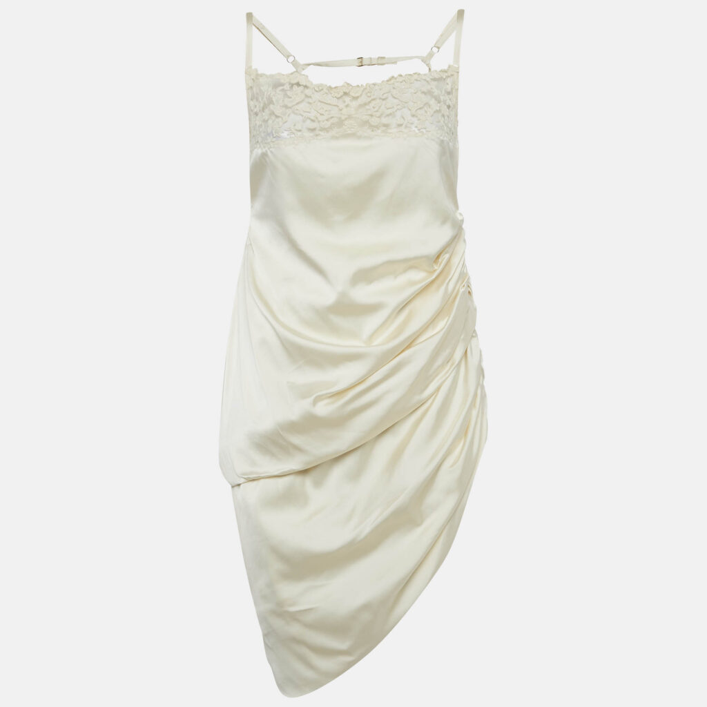 Jacquemus Cream Satin Asymmetrical Hem Saudade Slip Dress L