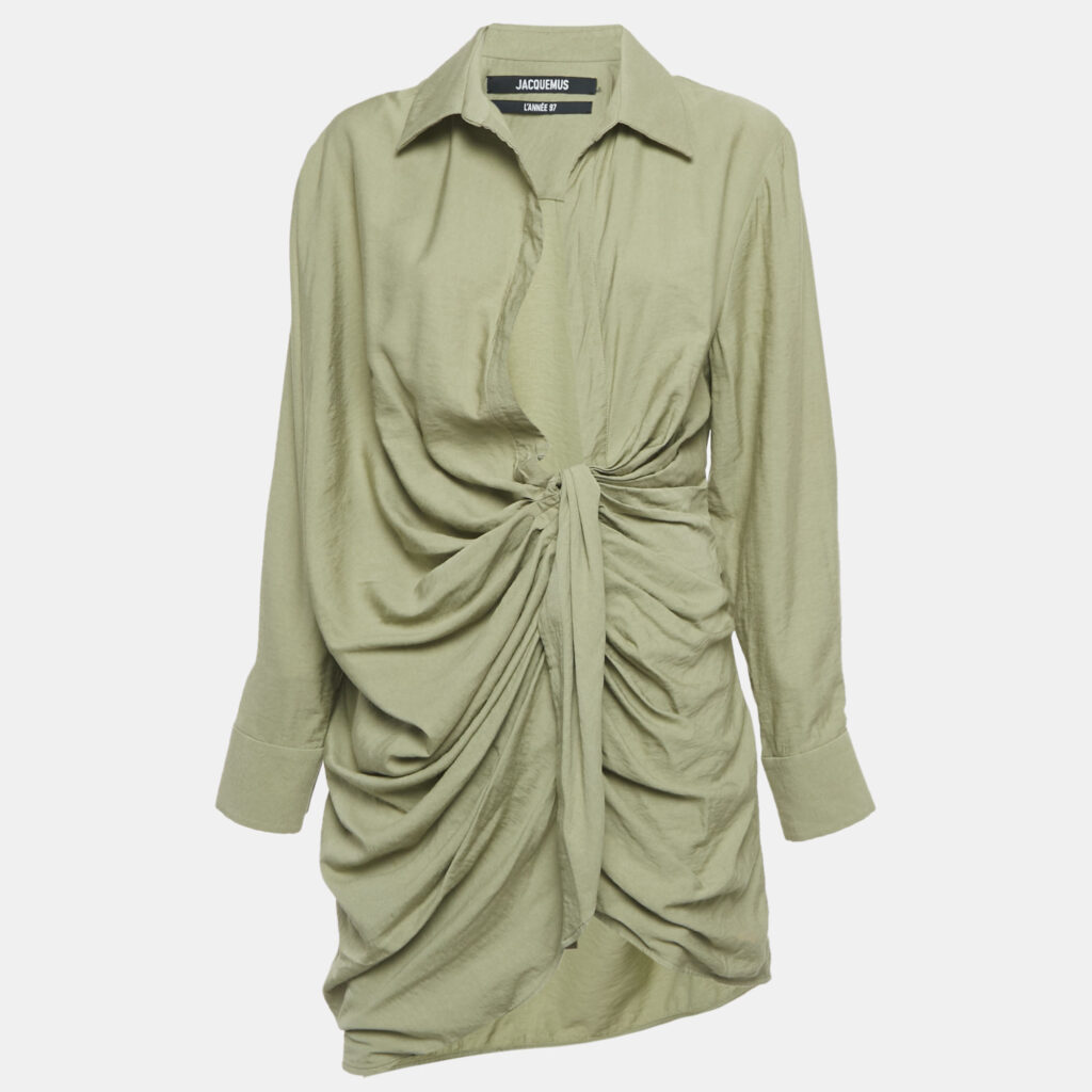 Jacquemus L'Annee 97 Green Crepe Knotted Bahia Shirt Dress M