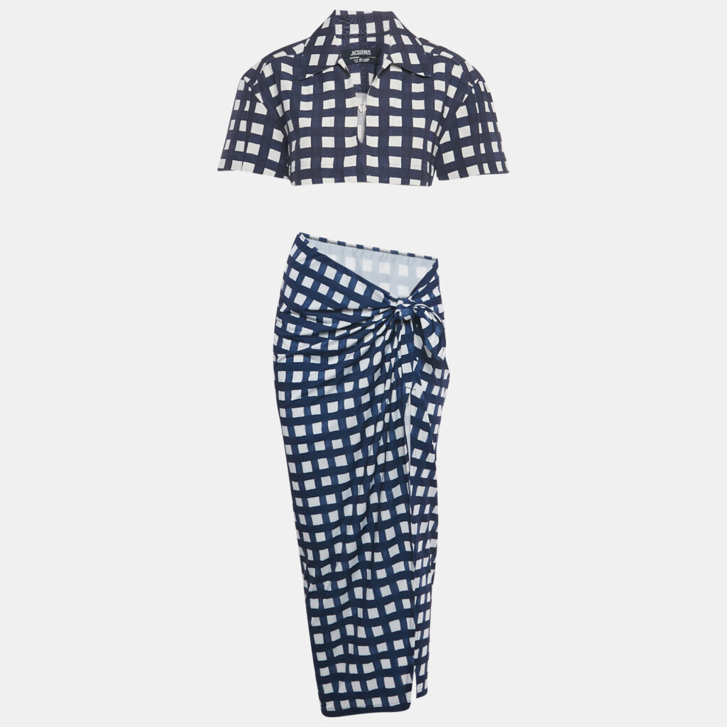 Jacquemus Navy Blue/White Checkered Silk Blend & Jersey Crop Top & Skirt Set S Jacquemus Navy Blue/White Checkered Silk Blend & Jersey Crop Top & Skirt Set S