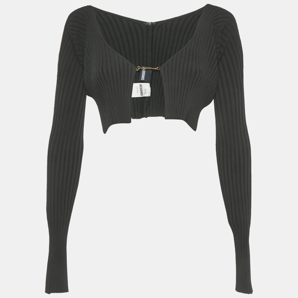 luxury-women-jacquemus-used-clothes-p1226327-001-1.jpg Jacquemus Black Rib Knit Logo Detail Crop Cardigan L