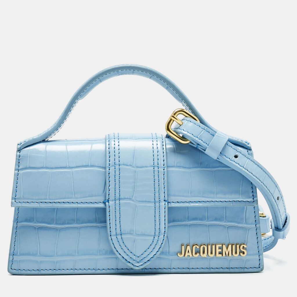 Jacquemus Light Blue Croc Embossed Leather Mini Le Bambino Top Handle Bag. Jacquemus Light Blue Croc Embossed Leather Mini Le Bambino Top Handle Bag.