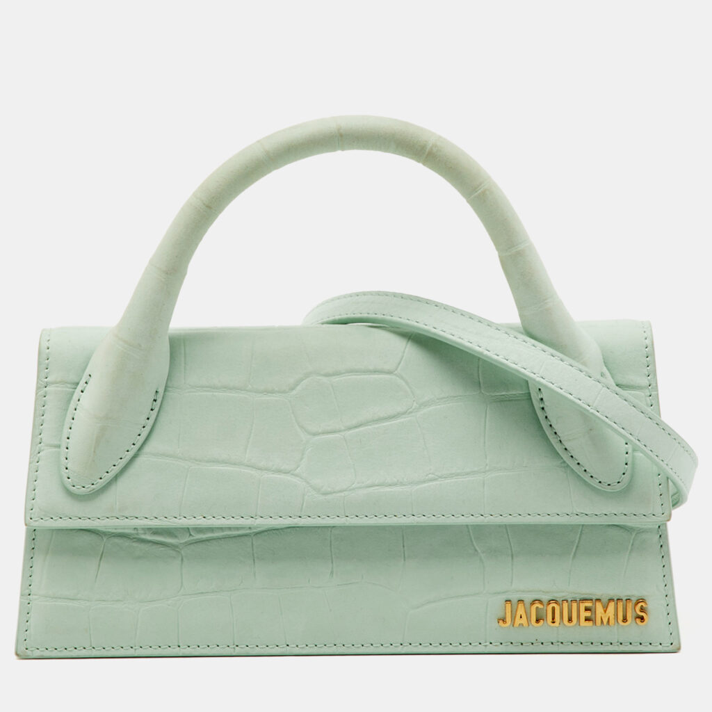 Jacquemus Light Green Croc Embossed Nubuck Leather Long Le Chiquito Top Handle Bag Jacquemus Light Green Croc Embossed Nubuck Leather Long Le Chiquito Top Handle Bag
