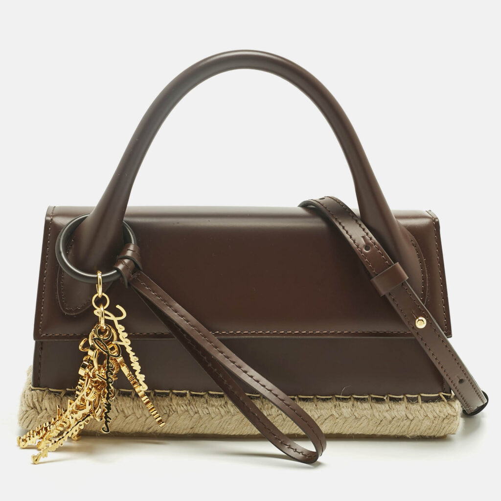 Jacquemus Dark Brown Leather and Jute Le Chiquito Long Cordao Top Handle Bag Jacquemus Dark Brown Leather and Jute Le Chiquito Long Cordao Top Handle Bag