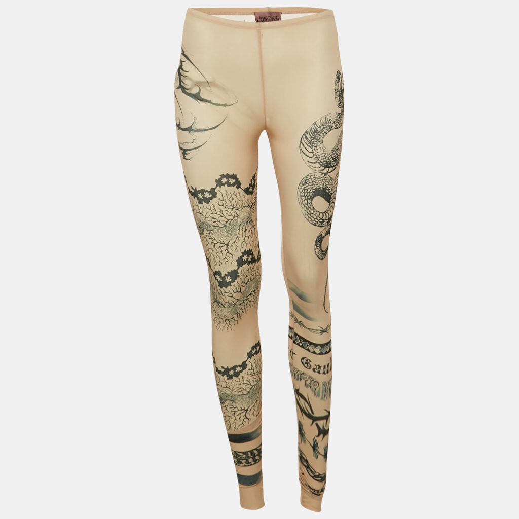 Jean Paul Gaultier X KNWLS Beige Trompe-l'oeil Tattoo Print Jersey Leggings S