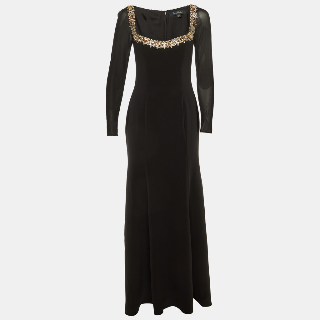 Jenny Packham Black Crepe Embellished Neck Gown S