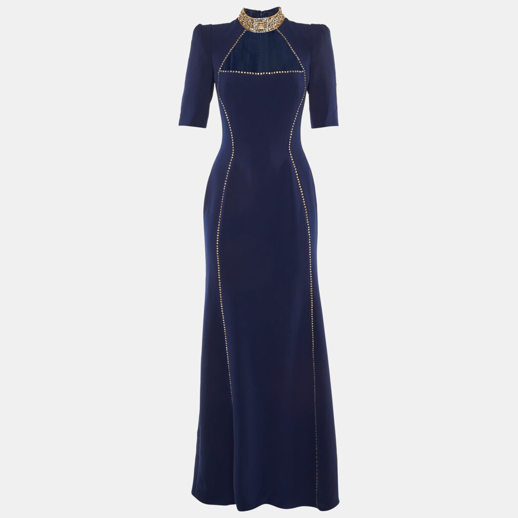 Jenny Packham Navy Blue Embellished Crepe Gown S
