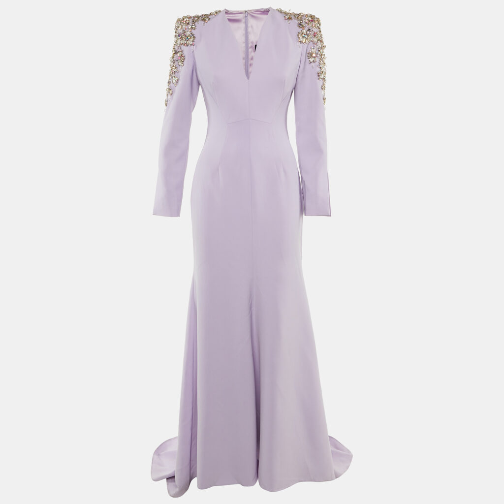 Jenny Packham Lavender Crepe Embellished Shoulder Gown S