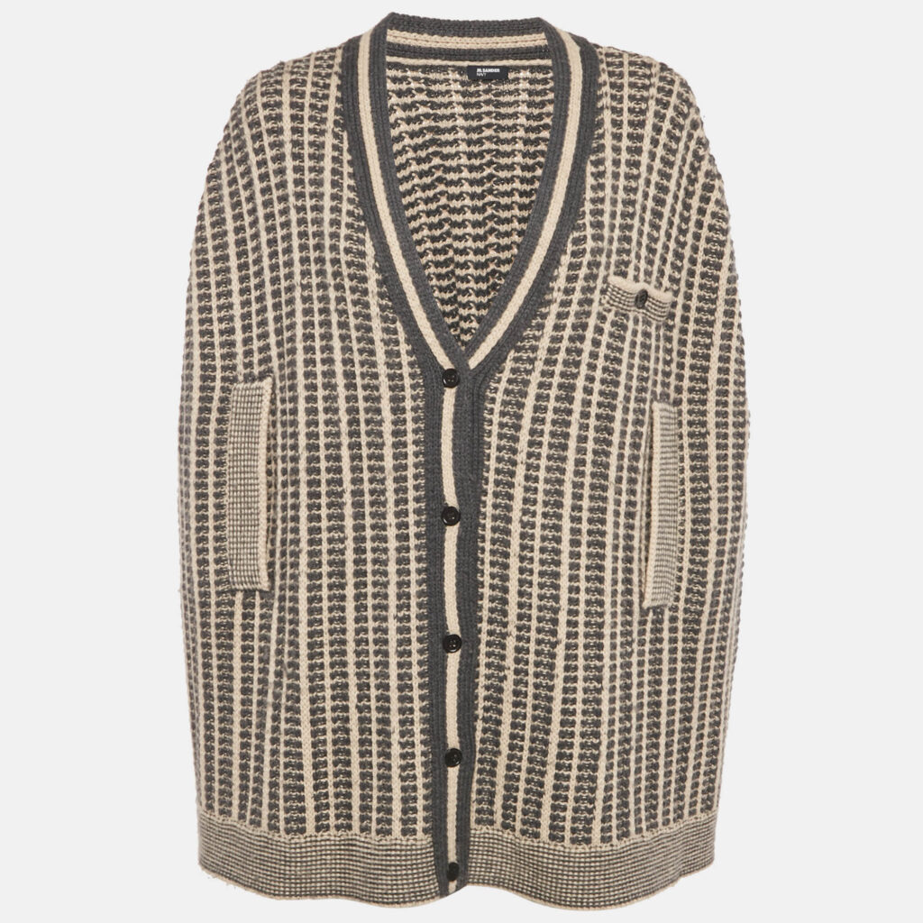 Jil Sander Navy Blue/ Beige Pattered Wool Button Front Cardigan L Jil Sander Navy Blue/ Beige Pattered Wool Button Front Cardigan L