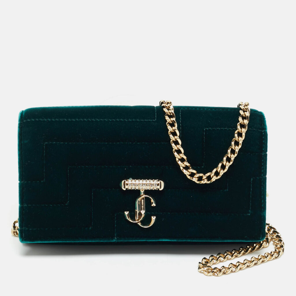 Jimmy Choo Dark Green Quilted Velvet Avenue Wallet On Chain