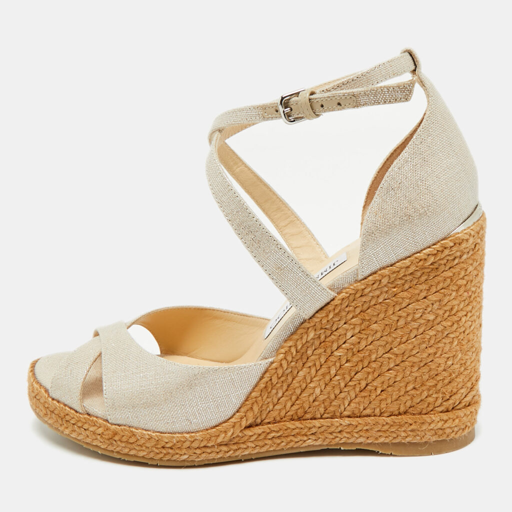 Jimmy Choo Beige Textured Cork Alanah Wedges Ankle Strap Sandals Size 39