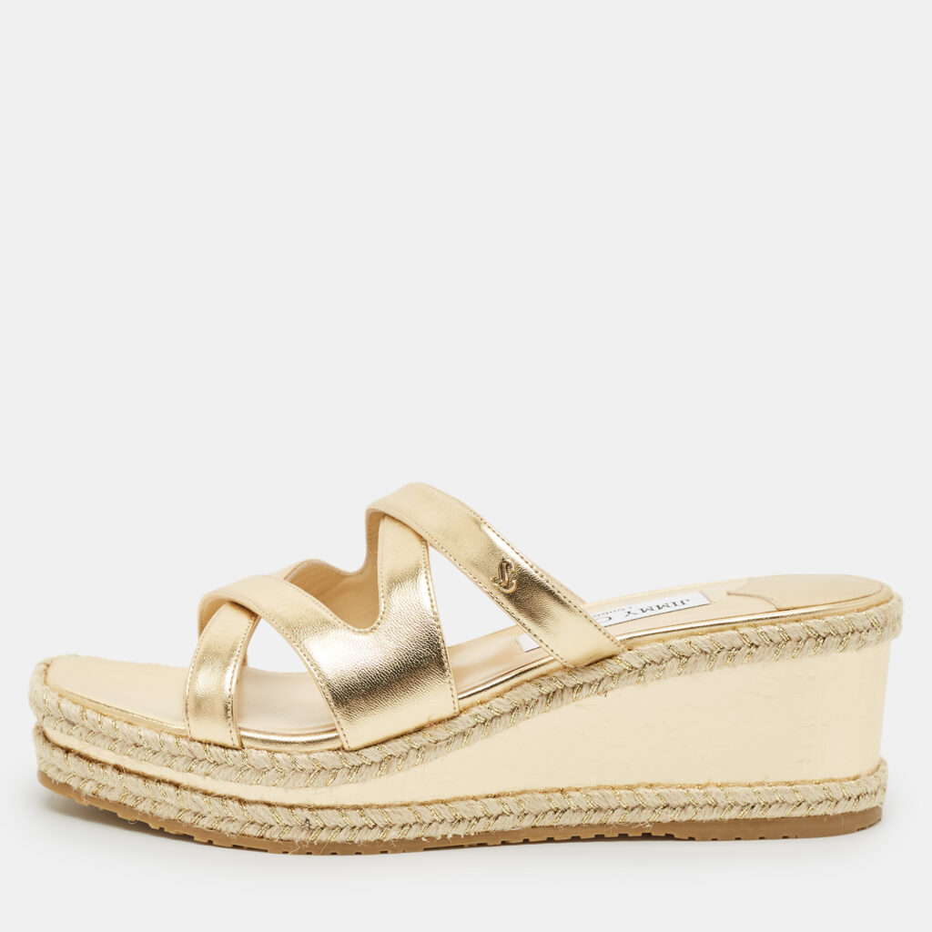 Jimmy Choo Gold Leather Wedge Slide Sandals Size 38