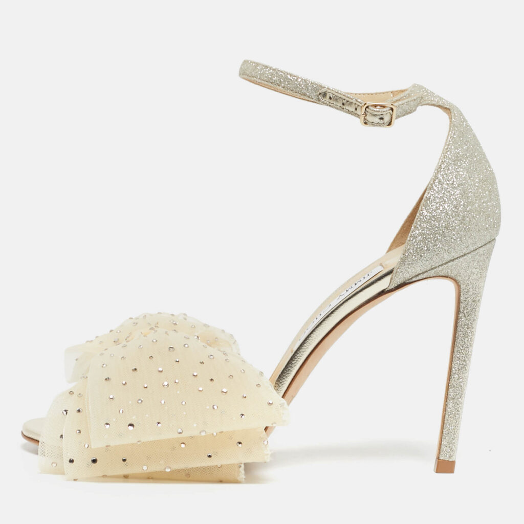 Jimmy Choo Gold Glitter and Mesh Aveline Ankle Strap Sandals Size 40