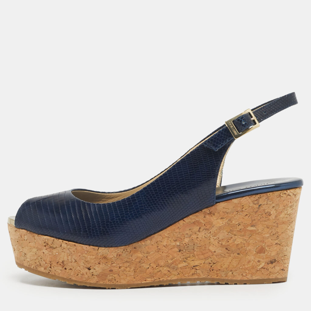Jimmy Choo Navy Blue Lizard Embossed Leather Praise Wedge Sandals Size 36.5 Jimmy Choo Navy Blue Lizard Embossed Leather Praise Wedge Sandals Size 36.5