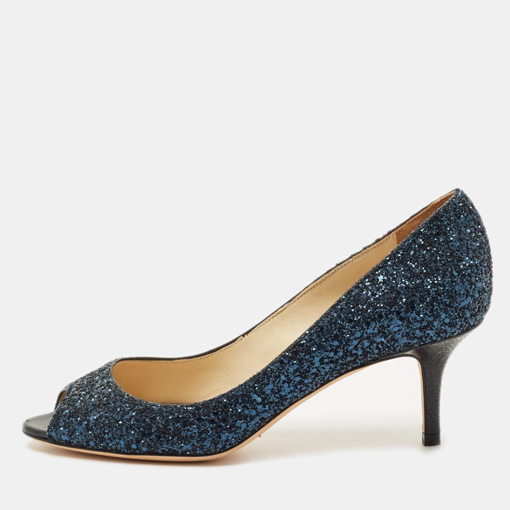 Jimmy Choo Navy Blue Glitter Isabel Peep Toe Pumps Size 36