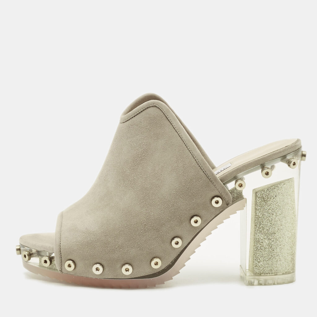 Jimmy Choo Grey Suede Studded Open Toe Mules Size 36.5