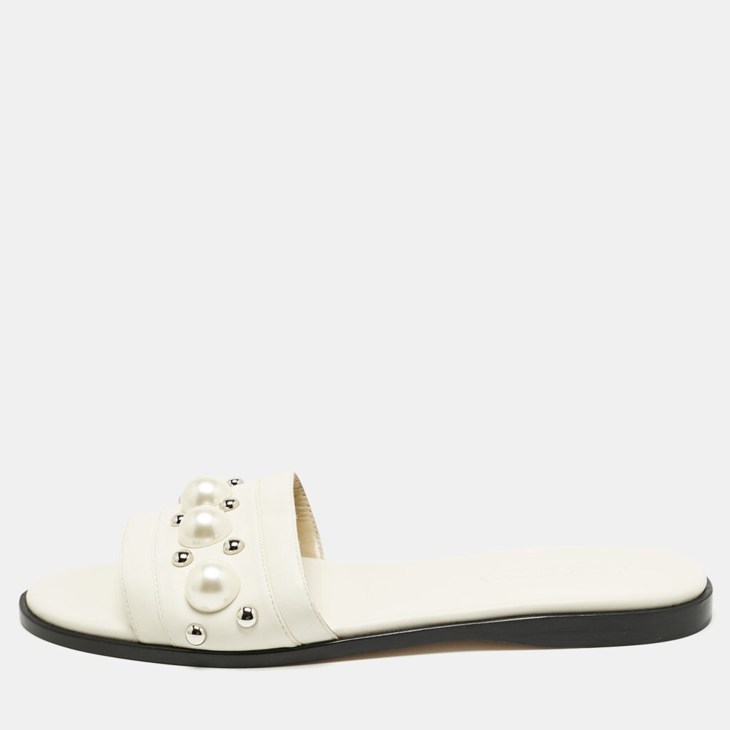 Jimmy Choo White Leather Minea Embellished Flat Slides Size 39 Jimmy Choo White Leather Minea Embellished Flat Slides Size 39