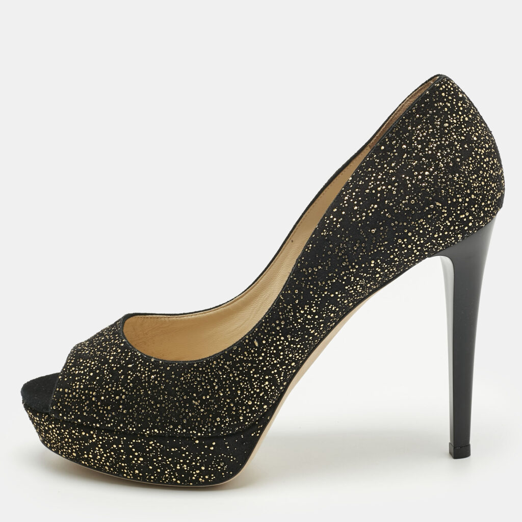 Jimmy Choo Black/Gold Texture Suede Peep Toe Pumps Size 41
