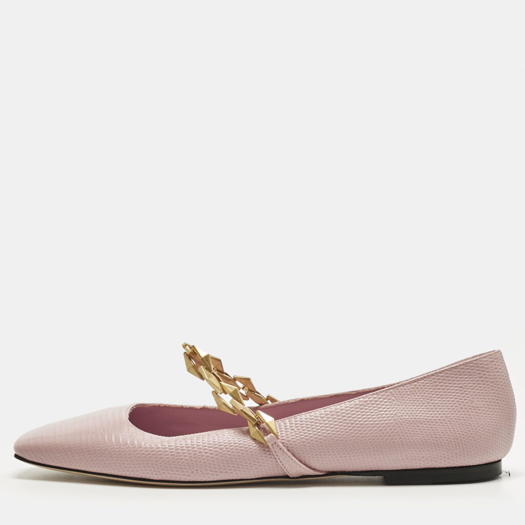 Jimmy Choo Pink Lizard Embossed Leather Diamond Tilda Ballet Flats Size 40