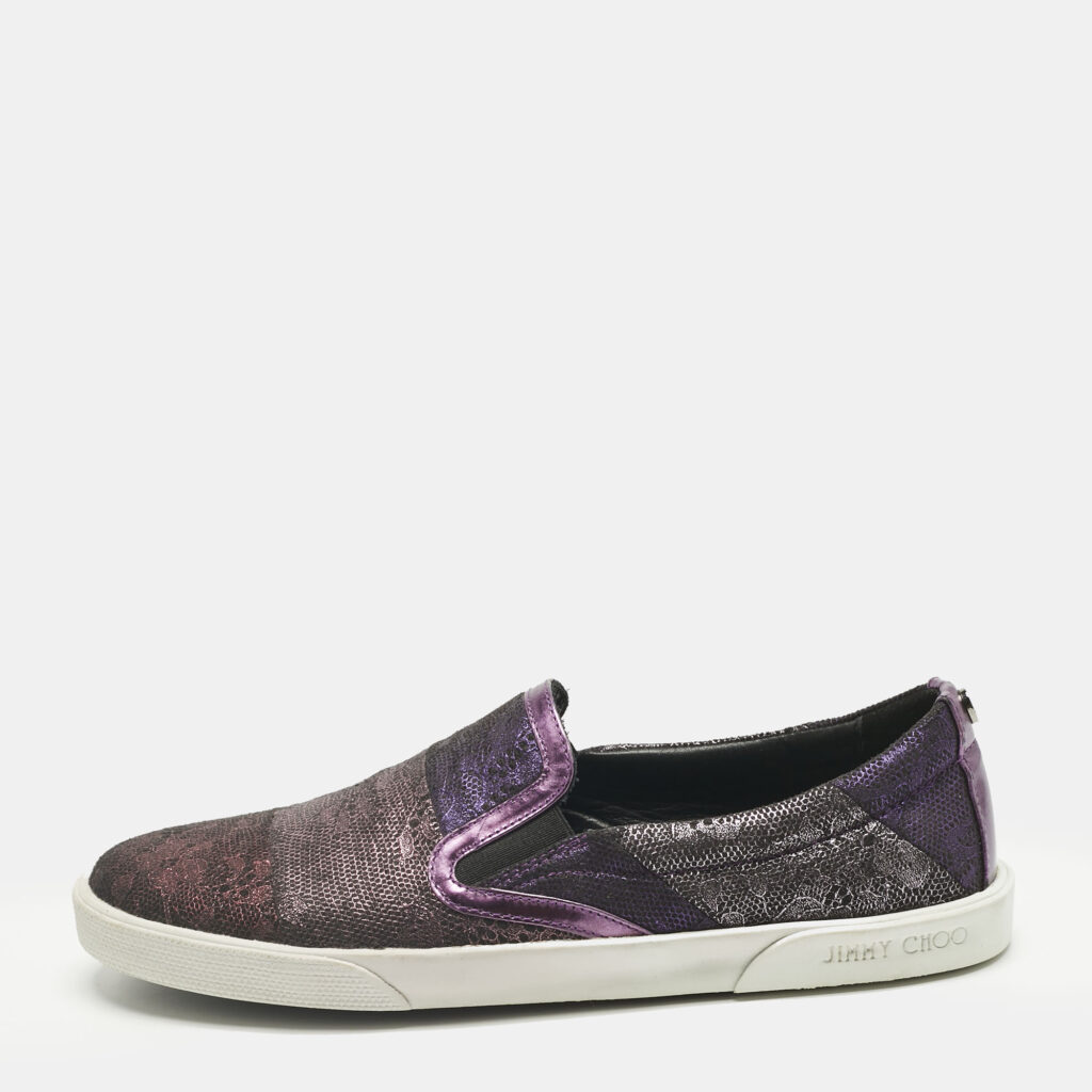 Jimmy Choo Metallic Purple Lace Print Suede Demi Sneakers Size 35 Jimmy Choo Metallic Purple Lace Print Suede Demi Sneakers Size 35