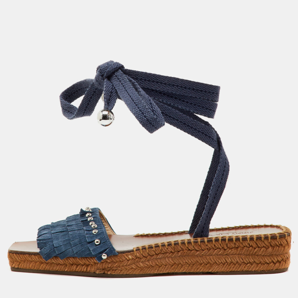 Jimmy Choo Blue Fringe Suede Denim Aisha Espadrille Ankle Wrap Sandals Size 38.5